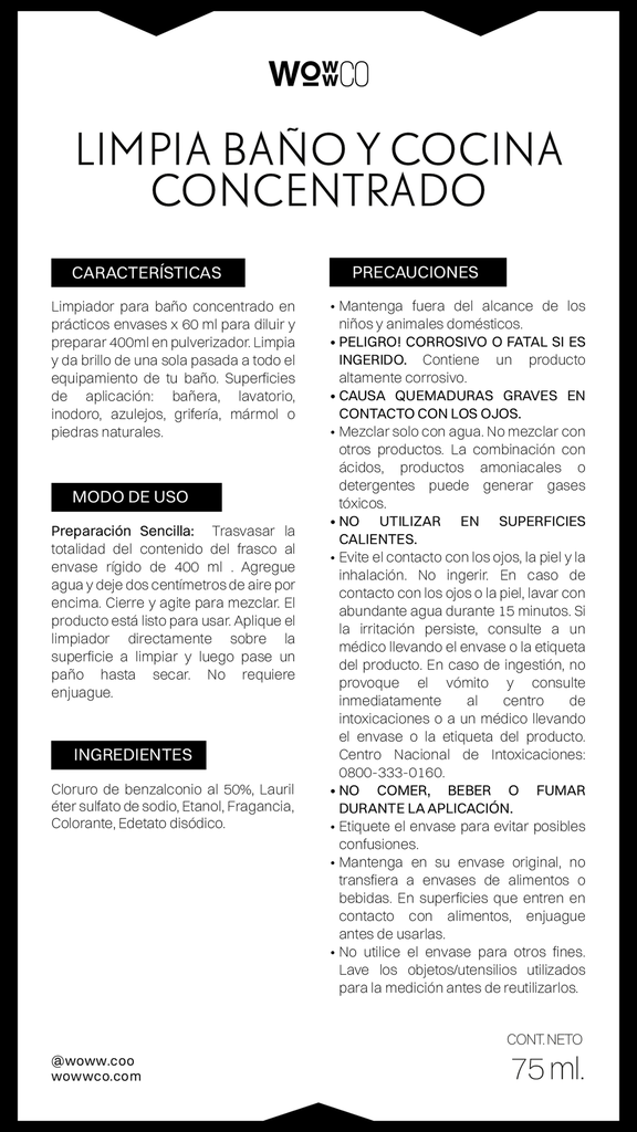 LIMPIA BAÑO Y COCINA CONCENTRADO - RECARGA - 75 ML [WC]
